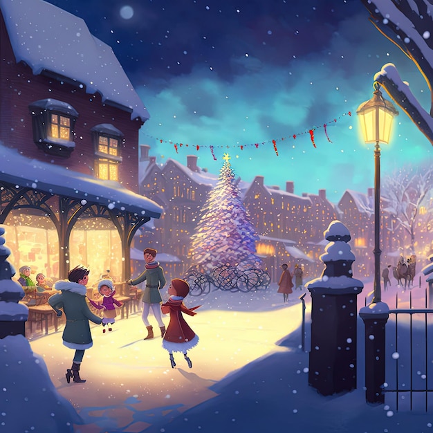 Tempo de Natal em uma bela cidade estilo cartoon felicidades e alegria