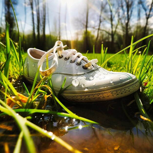 Tempo de primavera de sapato na grama sol-sino branco bachround gota de água geradora de IA