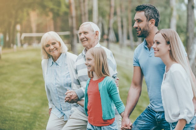 Tempo de qualidade com a família. Família jovem e feliz de mãos dadas enquanto caminhamos juntos ao ar livre