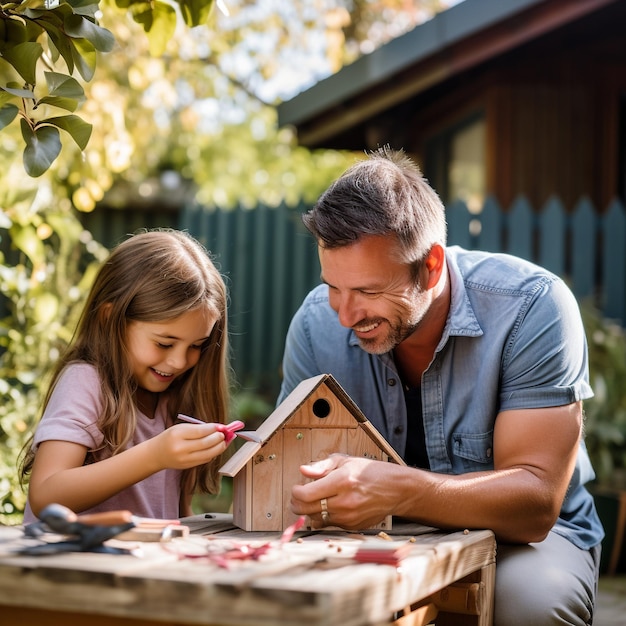 Tempo de união entre pai e filha em um projeto criativo de casa de pássaros DIY no quintal