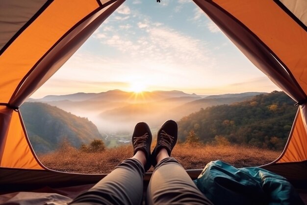 Tempo para si mesmo Mulher com as pernas cruzadas em cobertor em tenda de acampamento com sacos de dormir em colina de montanha