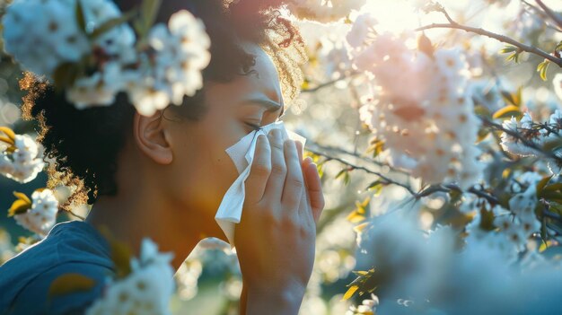 Foto temporada de alergias persona que estornuda entre las flores de primavera