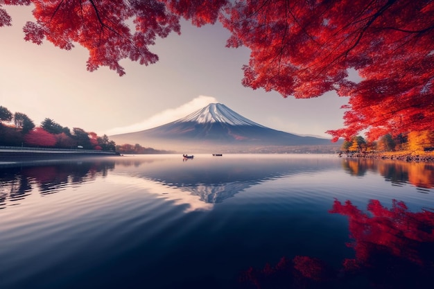 Temporada colorida de outono e montanha fuji com névoa matinal e folhas vermelhas no lago kawaguchiko japão