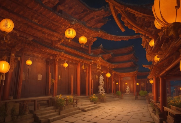 La temporada del festival de otoño en el templo en la escena nocturna