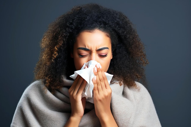 Temporada de gripe Mujer afroamericana con resfriado