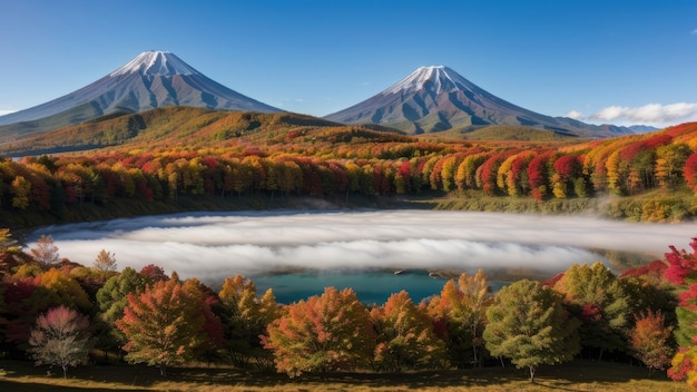 Temporada de otoño de colores y montaña con niebla de buenos días y despedida carmesí en el lago Generado por IA