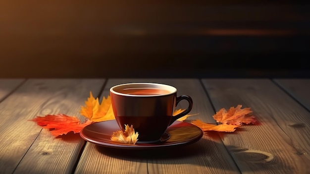 Temporada de otoño y otoño café caliente con hoja de arce falsa en mesa de madera Generativo Ai
