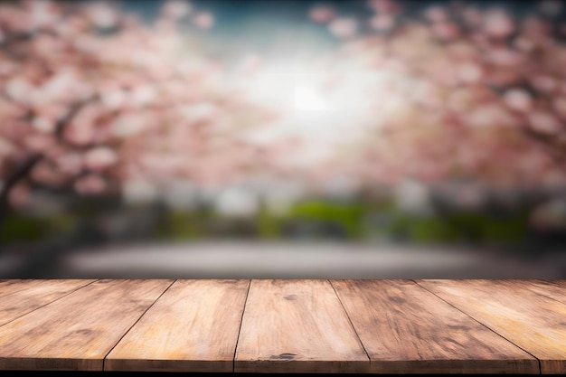 Temporada de primavera de rama de sakura rosa con fondo de flor de soporte de mesa de madera Red neuronal generada por IA