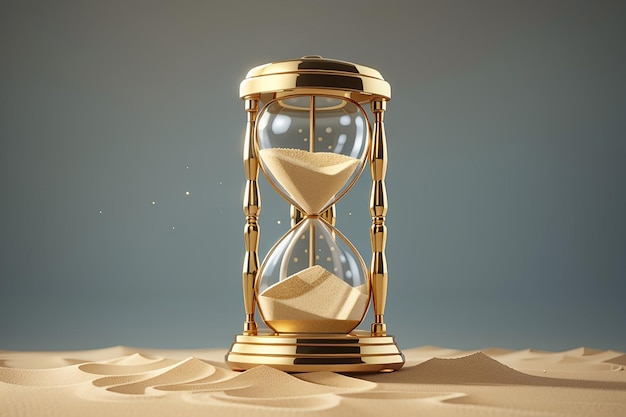 Temporizador de reloj vintage de reloj de arena con vidrio transparente y partículas de oro Banner del concepto de carga de tiempo de ejecución con reloj de arena y espacio de copia ilustración de renderizado 3D Ilustración 3D