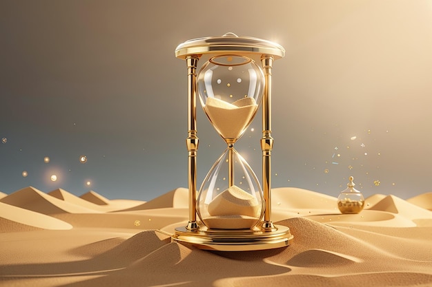 Temporizador de reloj vintage de reloj de arena con vidrio transparente y partículas de oro Banner del concepto de carga de tiempo de ejecución con reloj de arena y espacio de copia ilustración de renderizado 3D Ilustración 3D