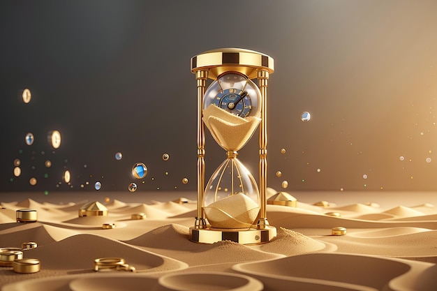 Temporizador de reloj vintage de reloj de arena con vidrio transparente y partículas de oro Banner del concepto de carga de tiempo de ejecución con reloj de arena y espacio de copia ilustración de renderizado 3D Ilustración 3D