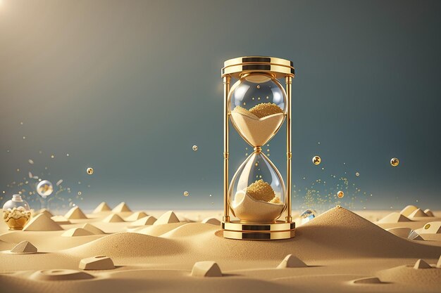 Temporizador de reloj vintage de reloj de arena con vidrio transparente y partículas de oro Banner del concepto de carga de tiempo de ejecución con reloj de arena y espacio de copia ilustración de renderizado 3D Ilustración 3D