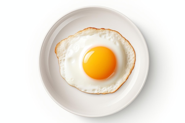 Temptante huevo frito con yema corriente en una placa blanca aislada sobre un fondo blanco limpio