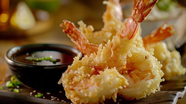 Foto tempura tentação tempura crocante camarão e legumes são servidos com molho de mergulho uma delícia culinária japonesa tentadora