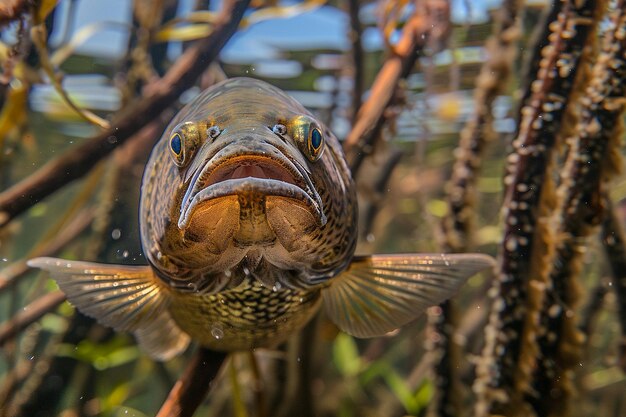 Tench brincalhão entre as ervas daninhas do rio