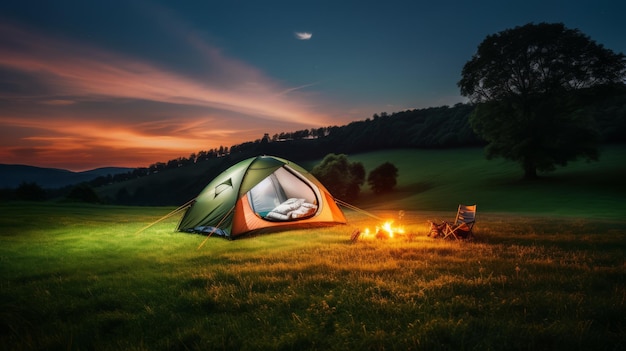 Tenda de acampada con colocada en prados verdes con luces generativas de IA