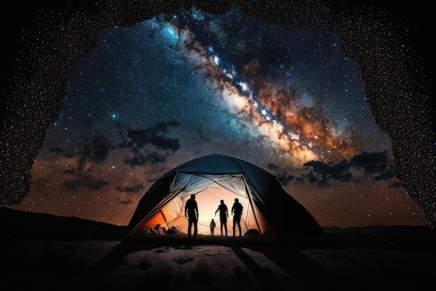 Tenda de acampada bajo un hermoso cielo estrellado generada por la IA