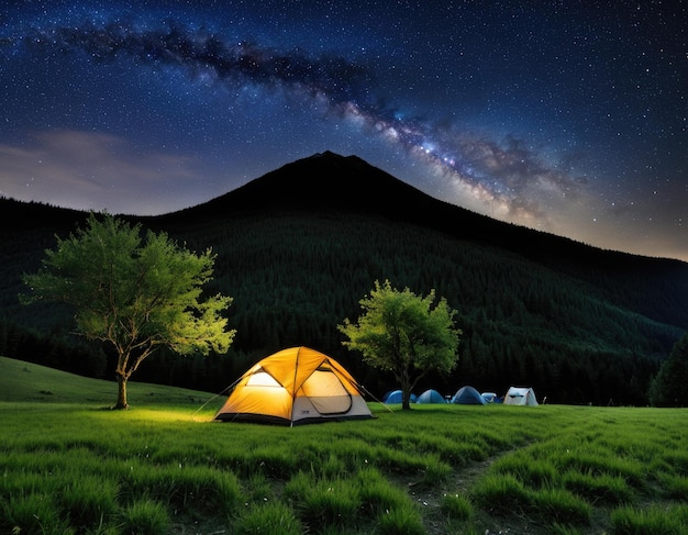 Tenda amarilla en el campamento entre los árboles y el cielo estrellado con alta calidad Vía Láctea