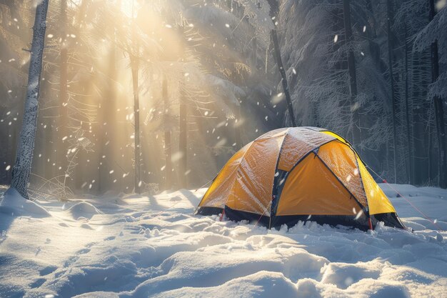 Tenda de campamento en el bosque de nieve Caminata de invierno