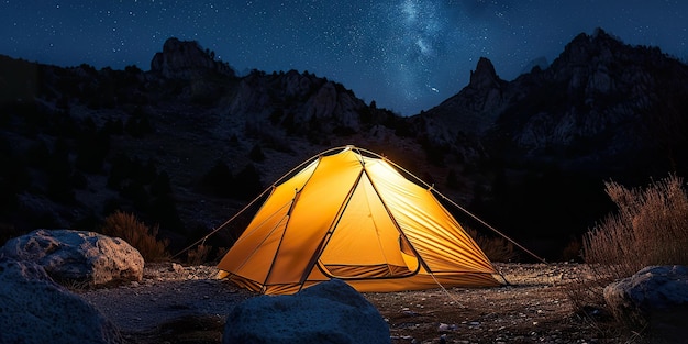 Tenda de campamento naranja en la montaña por la noche