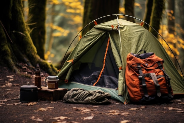 Tenda de campamento y saco de dormir listos para una caminata