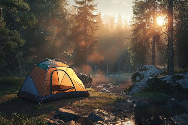 Tenda de acampamento na floresta de outono perto do lago