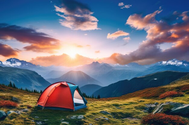 Foto tenda de acampamento no alto das montanhas ao pôr-do-sol