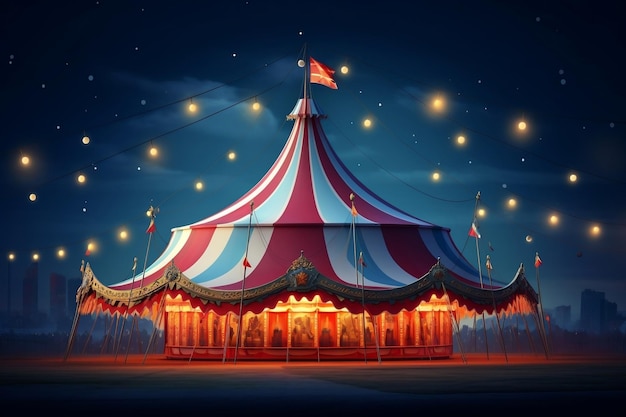 Tenda de circo noturna iluminada com luzes Cirque Generative AI