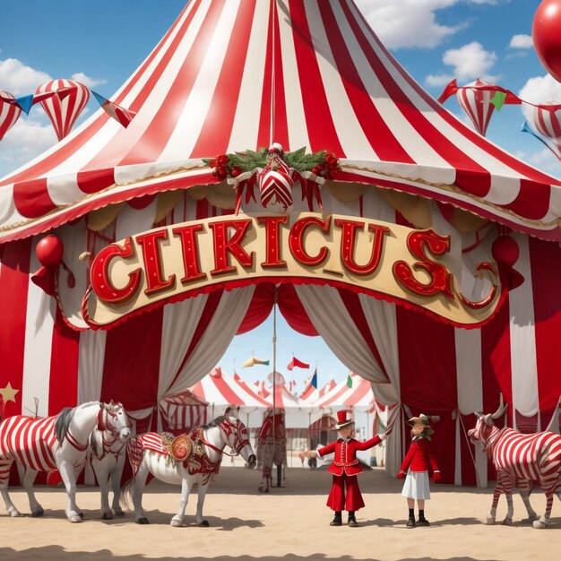 Foto tenda de circo vermelha e branca clássica com painel decorativo