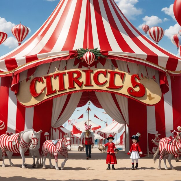 Foto tenda de circo vermelha e branca clássica com painel decorativo