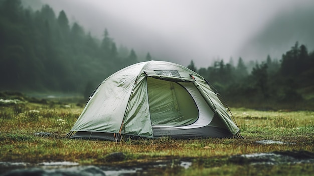 Tenda de dia chuvoso na floresta tenda senta-se em um campo de grama verde cercado por árvores a chuva cai suavemente sobre a tenda criando uma cena pacífica e serena espaço de cópia