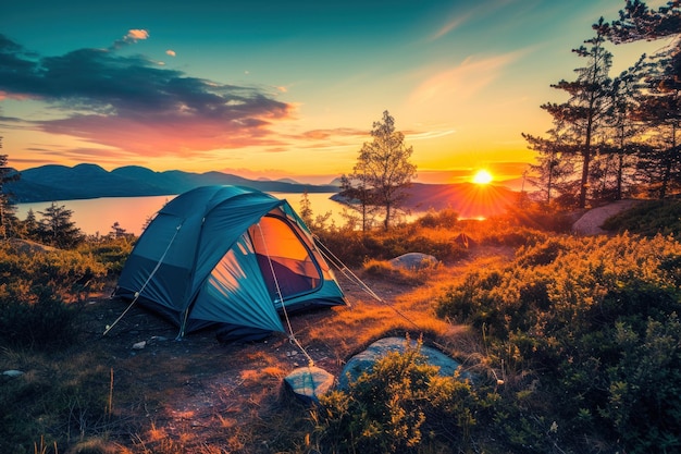 Tenda de turistas a acampar ao pôr-do-sol.