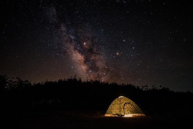Tenda iluminada en tierra contra el campo de estrellas por la noche