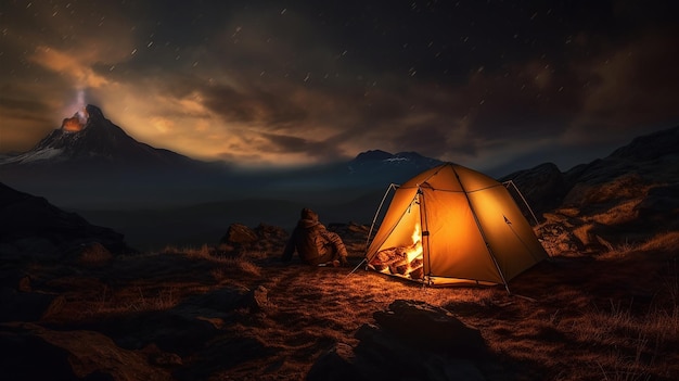 Tenda nas montanhas à noite caminhada