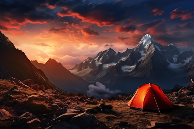 Tenda nas montanhas ao pôr-do-sol Bela paisagem de verão com uma tenda