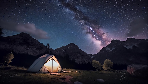 Tenda nas montanhas sob o céu estrelado Generative AI