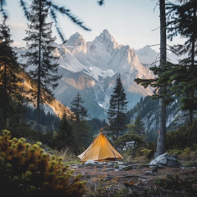 Tenda numa paisagem montanhosa serena com picos majestosos Aventura ao ar livre e exploração da natureza