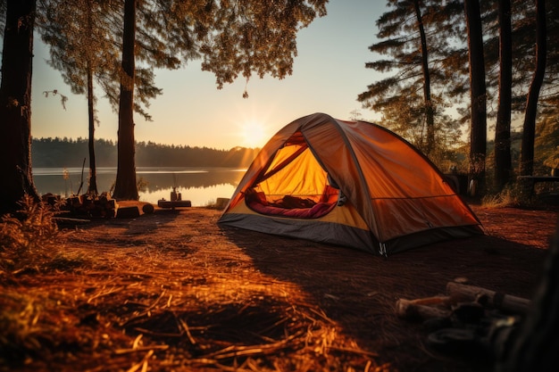 Tenda para dormir sob o pinhal à beira do lago