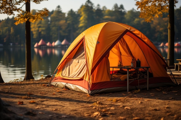 Tenda para dormir sob o pinhal à beira do lago