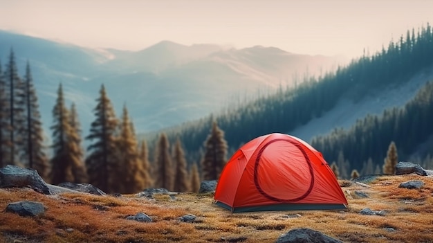 Tenda roja en un campo con montañas en el fondo