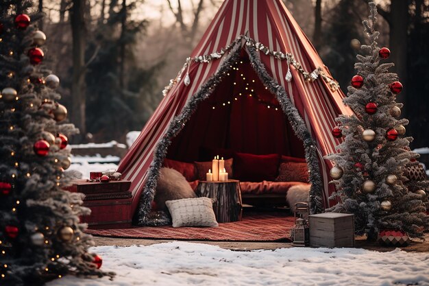 Tenda roja con decoraciones navideñas