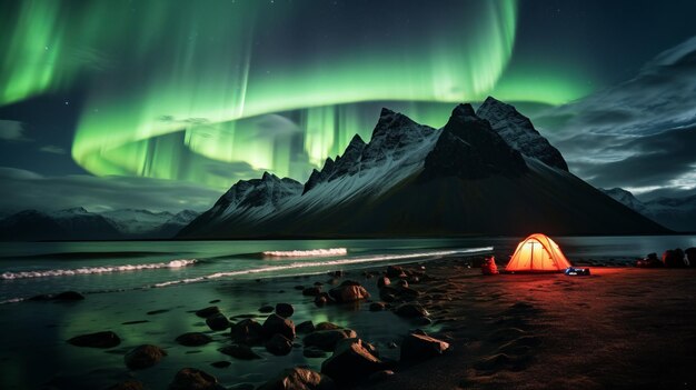 Tenda sob a aurora borealIslândia