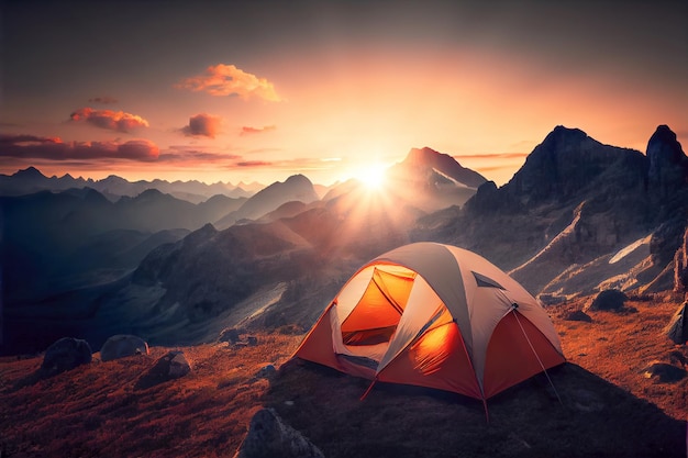 Tenda turística acampando nas montanhas ao pôr-do-sol