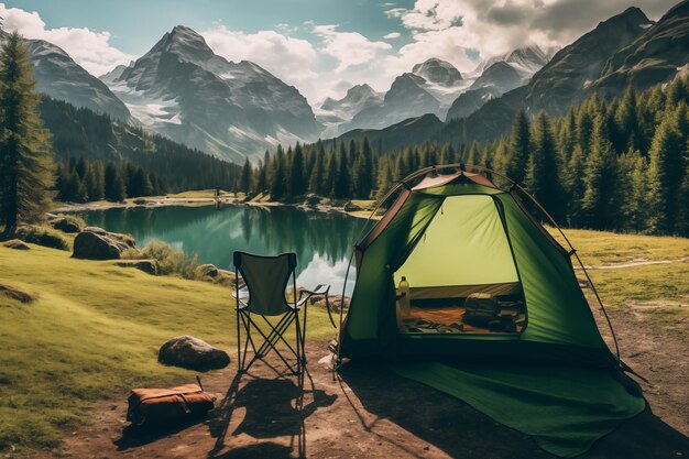 Tenda turística cerca del lago en el pacífico paisaje montañoso