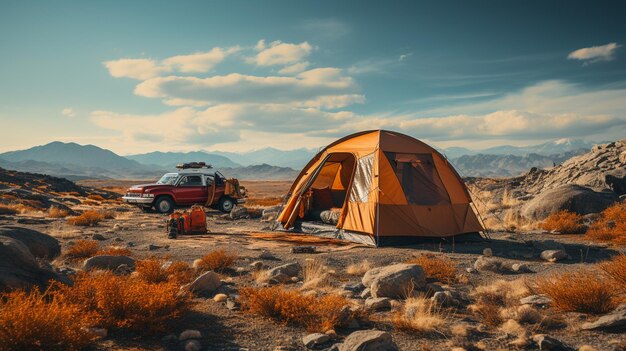 tenda turística com uma bela vista da tenda e montanhas ao fundo