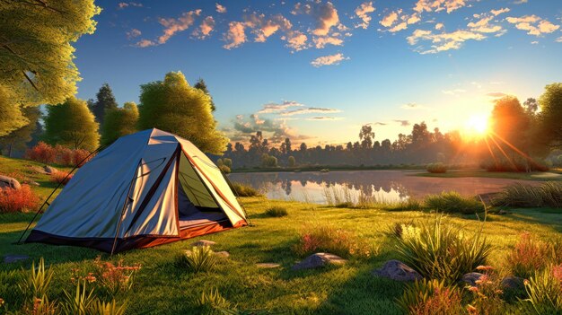 Tenda turística em campo verde exuberante Caminhadas e recreação ao ar livre