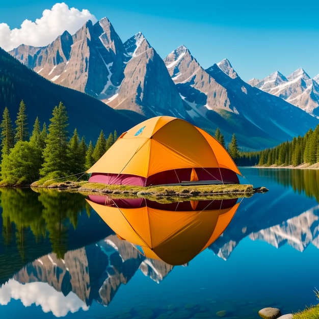 Tenda turística na margem de um lago de montanha em fundo de montanhas Generative AI