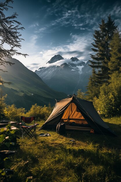 Foto tenda turística en el pacífico paisaje montañoso