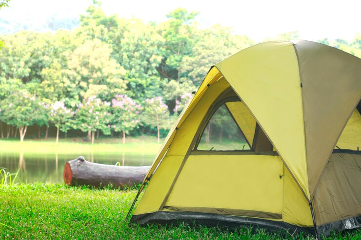 Tenda verde de campamento en el bosque cerca del lago