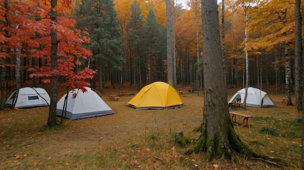 Tendas de acampamento na névoa da floresta de outono